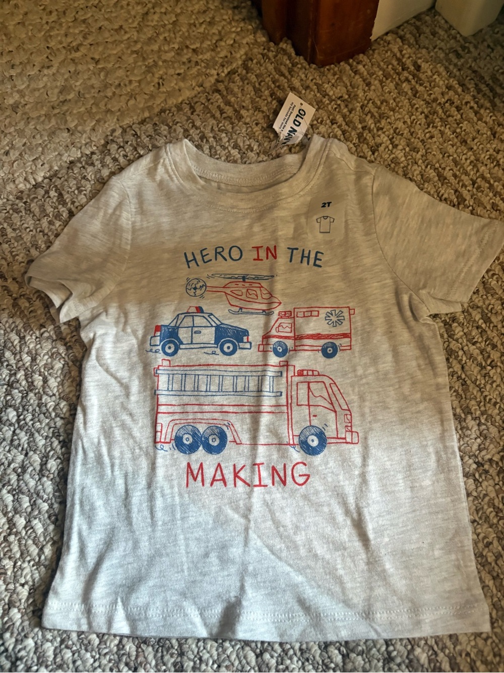 Old Navy Gray Kids Tee with Red and Blue Rescue Vehicles